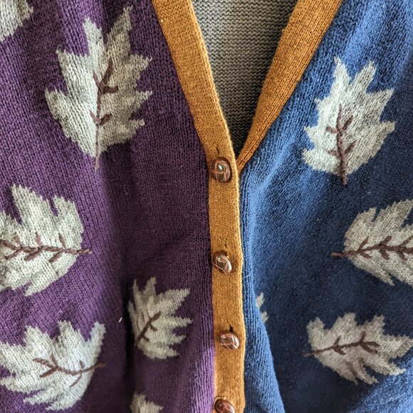Vintage Grandma Fall Leaf Embroidered Colorblock Cardigan Earth Tones XL - Picture 3 of 4